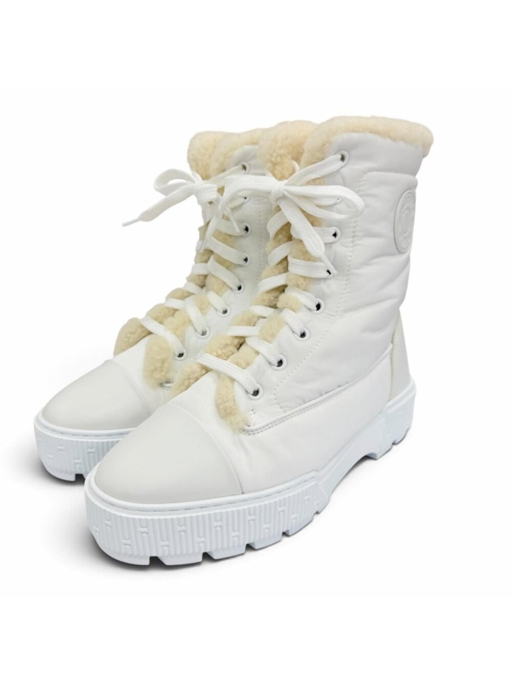 Hermes Fresh Logo Leather Patch Fleece Short Boots White